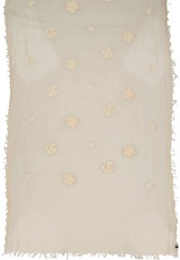 Écharpe beige en tissu léger, dotée d'une surface texturée avec des appliqués floraux éparpillés et des bords à franges.