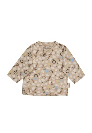 Beiger Baby-Kimono-Hemd mit Löwen- und Giraffendrucken, langen Ärmeln, Knöpfen vorne und einer kleinen Tasche. Größe 56.