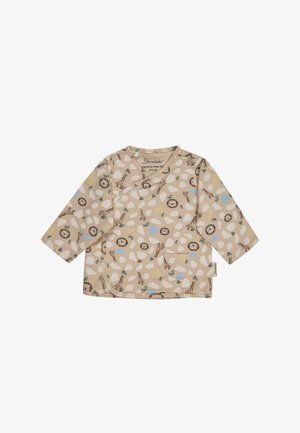 Beige baby kimono-style shirt with lion and giraffe prints, long sleeves, front buttons, and a small pocket. Size 56.