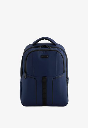 Dunkelblauer Rucksack aus strapazierfähigem Stoff, mit einem doppelten Reißverschluss, einem Griff und vorderen Riemen mit schwarzen Akzenten.