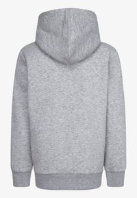 Felpa grigia con cappuccio dalla texture morbida, caratterizzata da maniche lunghe, cappuccio e polsini e orlo a coste, presentata dalla vista posteriore.