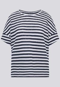 Striped t-shirt with short sleeves, featuring navy blue and white horizontal stripes. Made from a textured, breathable fabric.