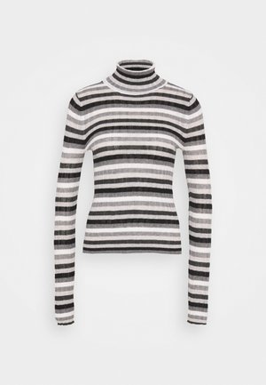 Czarny i biały w paski sweter z długim rękawem i golfem. Wykonany z miękkiego, prążkowanego materiału o różnych szerokościach pasków i dopasowanym kroju.