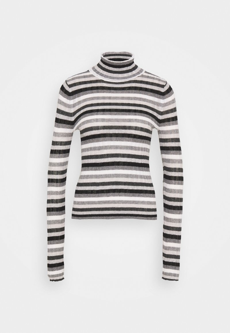 Pull à col roulé à manches longues noir et blanc rayé. Fabriqué en un matériau doux et côtelé avec des largeurs de rayures variées et un design ajusté.