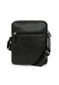 Borsa a tracolla nera in pelle con superficie liscia, forma quadrata, tasca frontale con zip, tracolla regolabile e dettagli in metallo.