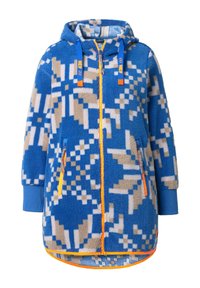 Giacca in pile con cappuccio, con motivo blu e beige, chiusura frontale con zip, tasche con zip, polsini blu e dettagli arancioni.