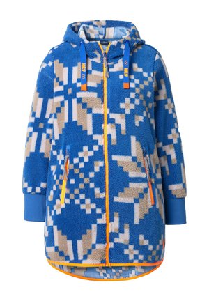 Blauwe en beige geblokte fleecejas met capuchon, voorrits, ritszakken, blauwe manchetten en oranje accentdetails.