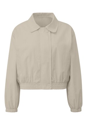 Beige verkürzte Jacke mit langen Ärmeln, Knopfverschluss, elastischem gerafftem Saum und Bündchen sowie einem klassischen Kragen.