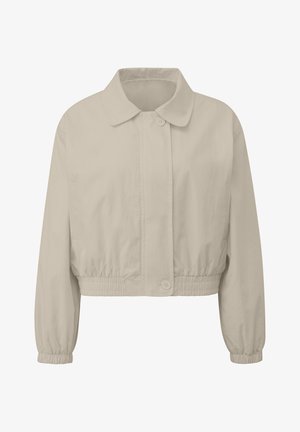 Veste courte beige à manches longues, fermeture à boutons, ourlet et poignets froncés élastiqués, et col classique.