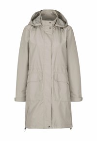 Vaaleanbeige vedenpitävä takki hupulla, jossa on kaksi etutaskua, vetoketjukiinnitys sekä säädettävät nyörit vyötäröllä ja hupussa.