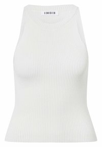 Top bianco senza maniche, a coste, con scollatura rotonda e silhouette aderente, realizzato in un morbido tessuto texturizzato. L'etichetta del marchio è visibile.