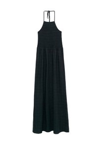 Long black dress with a fitted smocked bodice, halter neck tie, and flowing skirt. Crafted from lightweight fabric with a subtle texture.
