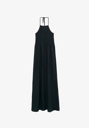 Długa czarna sukienka z dopasowanym gorsetem ze smocku, wiązanym na szyi i zwiewnym dołem. Wykonana z lekkiej tkaniny o subtelnej fakturze.