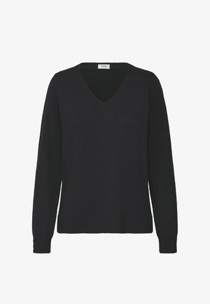 Pull noir à manches longues col V avec poignets côtelés et trois boutons sur chaque manche.