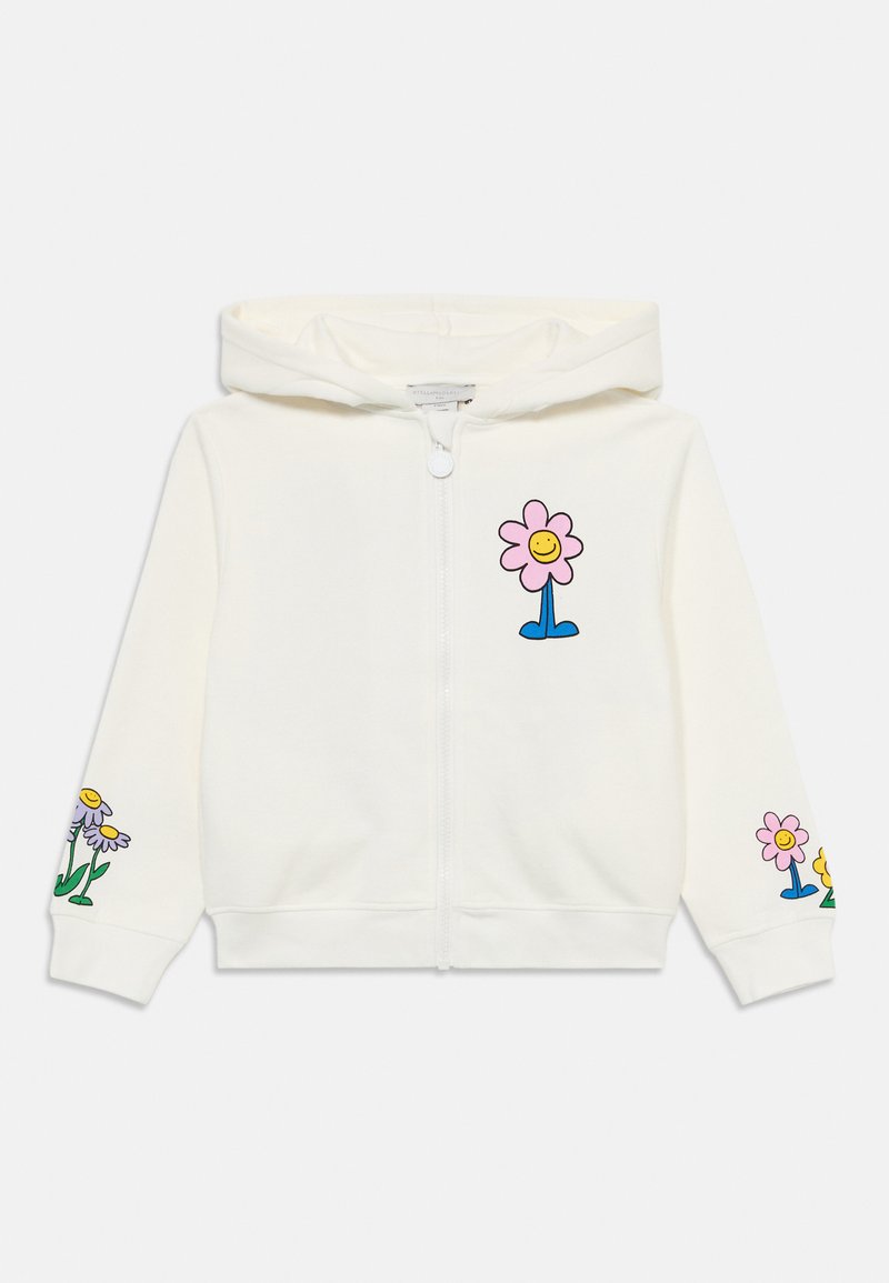 Corta-vento branco com fecho éclair em tecido suave e capuz. Apresenta desenhos coloridos de flores na parte da frente e nas mangas em rosa, amarelo e verde.