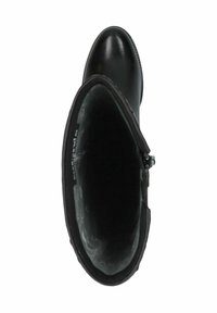 Botín negro hasta el tobillo con punta redondeada, exterior de cuero liso y forro interior texturizado. Cuenta con una cremallera lateral para un acceso fácil.