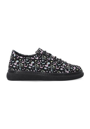 Black sneaker with a patterned upper featuring hearts, cupcakes, and playful designs, round toe, and rubber sole. Tied lace closure.