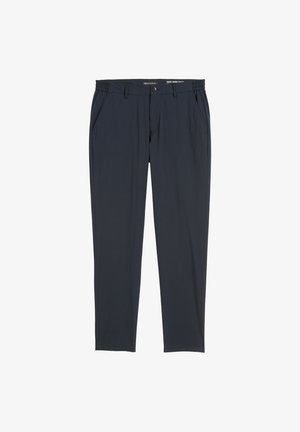 Dunkelblaue Hose mit glatter Textur, im lässigen Schnitt, mit elastischem Bund, Reißverschluss und zwei seitlichen Taschen.