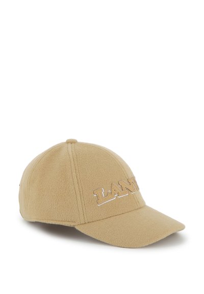 Beige ull baseball caps med buet brem og "LANT" brodert med store beige bokstaver på frontpanelet.