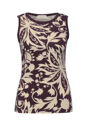 Top ajusté sans manches avec de grands motifs floraux et feuilles crème sur un fond violet foncé, avec un col rond et des boutons sur les épaules.