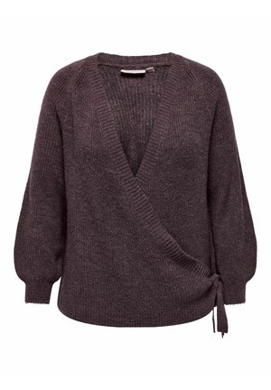 Pullover pletena dukserica u tamnom mauveu, s V-izrezom, balonskim rukavima i detaljem s vezanjem sa strane za prilagodljivu veličinu. Mekana tekstura i rebrasti manžeti.