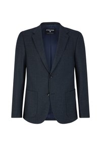 Blazer blu navy realizzato in tessuto texturizzato con revers a punta, due tasche frontali e due bottoni sul davanti. Interno foderato.