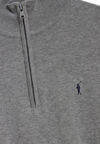 Grå zip-up sweater lavet af blødt stof, med høj krave og broderet logo i mørkeblå på brystet. Glat tekstur og minimalistisk design.