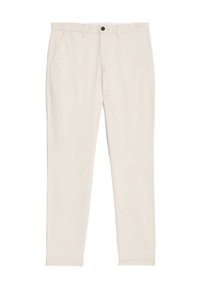 Lichtbeige chinos hebben een rechttoe-rechtaan ontwerp, twee zijzakken, een knoopsluiting en een gladde textuur, geschikt voor casual of semi-formele kleding.