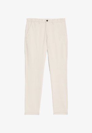 Los chinos color beis claro presentan un diseño de pierna recta, dos bolsillos laterales, un cierre con botón y una textura suave, adecuados para un uso casual o semi-formal.