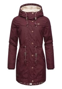 Bordowa zimowa kurtka z kapturem, ściągaczem w talii, zapięciem na napy z przodu i podszewką z polaru. Posiada boczne kieszenie i haftowany kwiatowy wzór na dole.