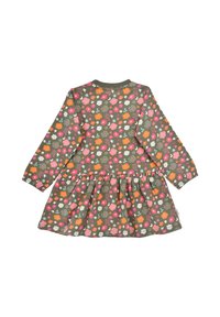 Langärmeliges grünes Kleid mit floralem Muster in Pink, Orange und Weiß. Hat einen gerafften Rock und einen Rundhalsausschnitt. Aus Baumwollmaterial.