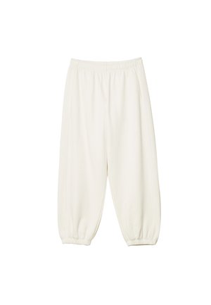 Crème-kleurige joggingsbroek van zachte stof met een elastische tailleband, zijzakken en gecollecteerde boorden bij de enkels.