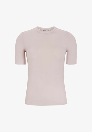 Short-sleeve, light pink ribbed top with a round neckline, made of soft fabric. Simple design, no visible patterns or decorations.
