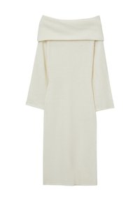 Abito lavorato a maglia bianco sporco con scollatura off-the-shoulder, maniche a tre quarti e siluette aderente, realizzato in un materiale morbido e testurizzato.