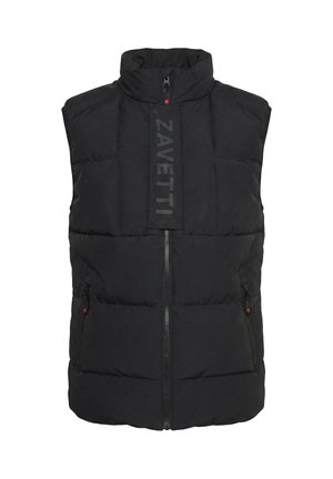 Schwarze, gesteppte ärmellose Jacke mit durchgehendem Reißverschluss, hohem Kragen, seitlichen Reißverschlusstaschen und vertikalem "ZAVETTI"-Logo auf der Brustpartie.