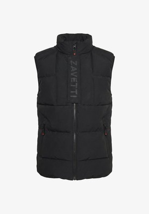 Schwarze, gesteppte ärmellose Jacke mit durchgehendem Reißverschluss, hohem Kragen, seitlichen Reißverschlusstaschen und vertikalem "ZAVETTI"-Logo auf der Brustpartie.