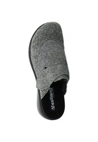 Gray felt slip-on shoe with a textured upper, featuring a contrasting smooth gray accent. Black rubber sole and padded insole for comfort.