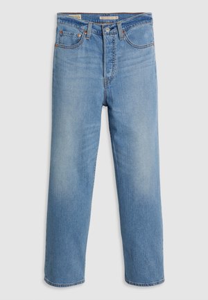 Light blue straight-leg denim jeans with front pockets, belt loops, and a button closure on a plain background.
