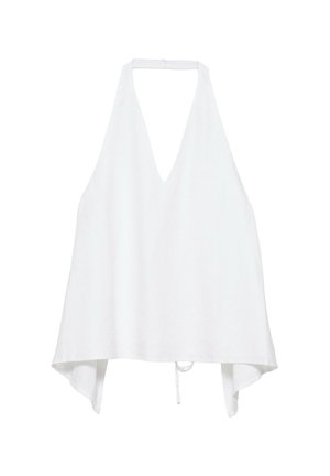 Haut blanc sans manches à col licou avec un décolleté en V profond et un ourlet lâche et asymétrique, fixé au col et avec une ceinture à la taille.