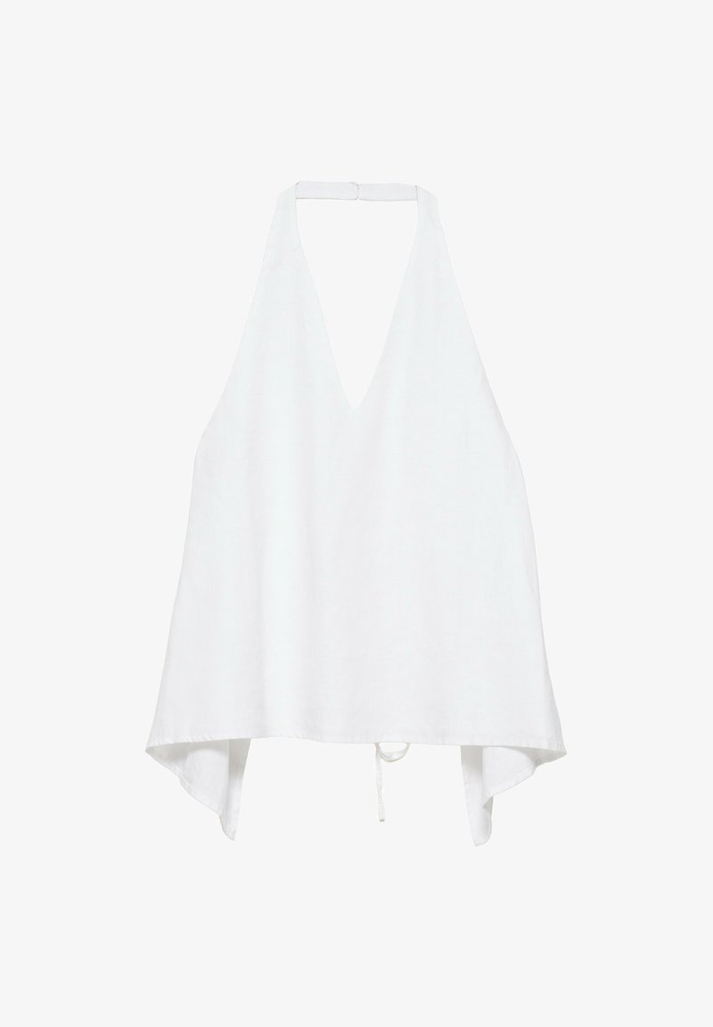Haut blanc sans manches à col licou avec un décolleté en V profond et un ourlet lâche et asymétrique, fixé au col et avec une ceinture à la taille.