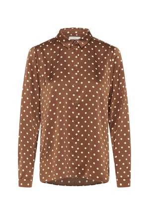 Pruuninahast särk, valmistatud siledast kangast, millel on esiosa nööbitav ja valged täpilised mustrid. Klassikalise krae ja sirge äärega.