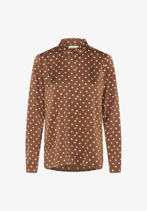 Smeđa košulja s dugim rukavima od glatke tkanine, s prednjim dijelom na kopčanje i bijelim točkicama. Klasični ovratnik i ravni rub.