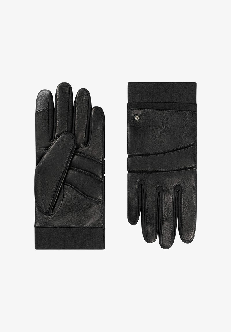 Schwarze Lederhandschuhe mit glatter Textur, die ein strukturiertes Design, schmal zulaufende Finger und ein geripptes Bündchen aufweisen. Akzentuiert mit subtilen Nähdetails.