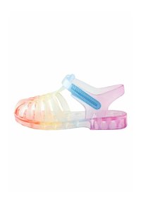 Permatomas želatininis sandalėlis su ombre gradientu nuo rožinės iki geltonos ir mėlynos spalvos, su susikertančiomis dirželiais ir paminkštinta padu.