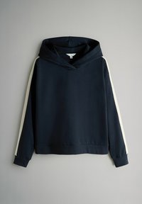 Navy blue hoodie with white stripes running down the full length of both sleeves, ribbed cuffs, and a front pocket.