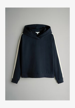 Marineblauer Hoodie mit weißen Streifen, die über die gesamte Länge beider Ärmel verlaufen, gerippten Bündchen und einer Fronttasche.