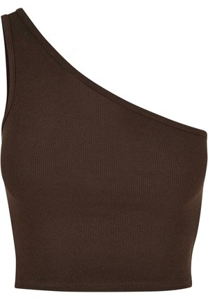 Brown ribbed crop top with a one-shoulder design. Features a textured fabric and a fitted silhouette.
