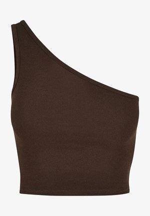 Pruun ribaga crop-top ühe õlavarre disainiga. Omab tekstuurset kangast ning keha lähedast siluetti.
