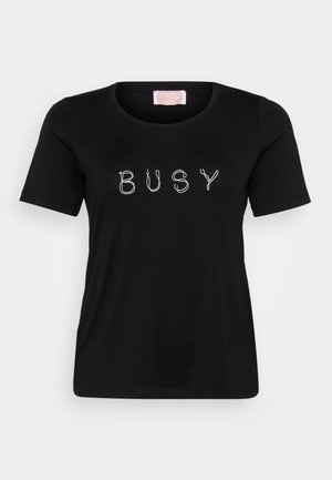 Black short-sleeve t-shirt with a round neckline featuring the word "BUSY" in white, textured lettering across the front.