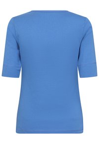 T-shirt blu a maniche corte realizzato in cotone morbido, con scollo rotondo e texture liscia, dotato di orlo e maniche cuciti.